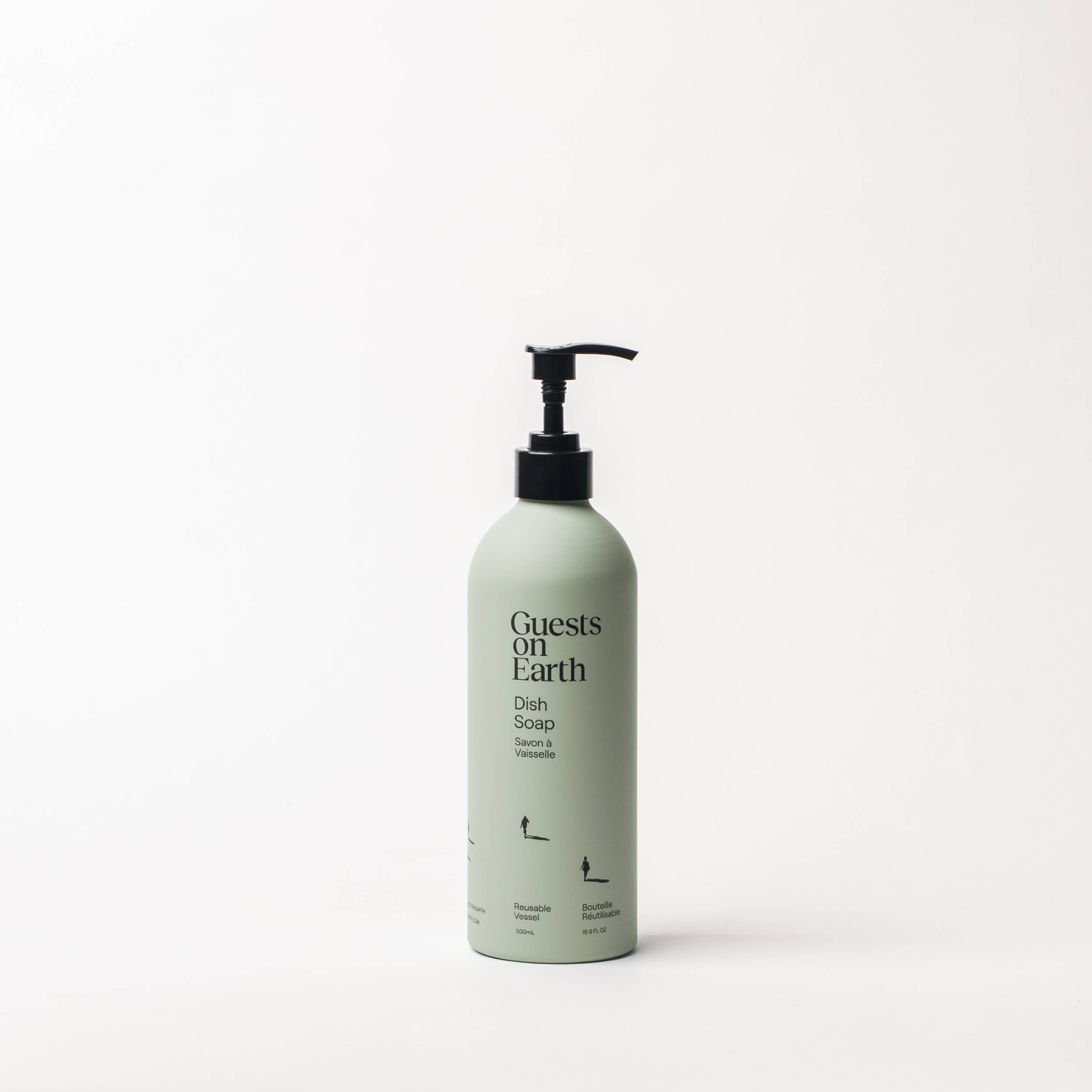 Guests on Earth Rain Soap in a matte sage green pump bottle with a black dispenser, centered on a clean white background.