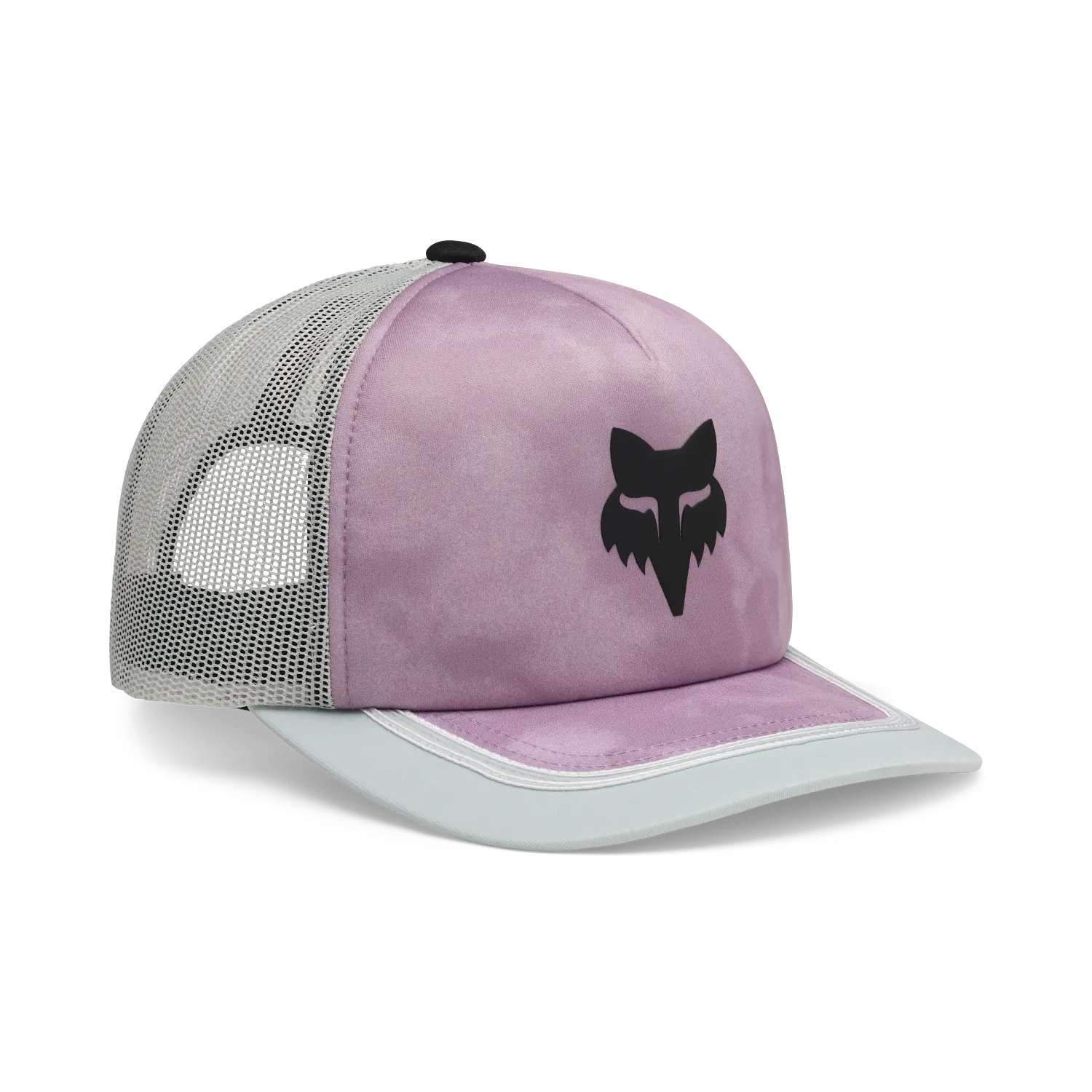 A trucker-style baseball cap with a dusty purple front panel and visor, gray mesh back panels, and a black Fox head logo on the front, shown on a clean white background.