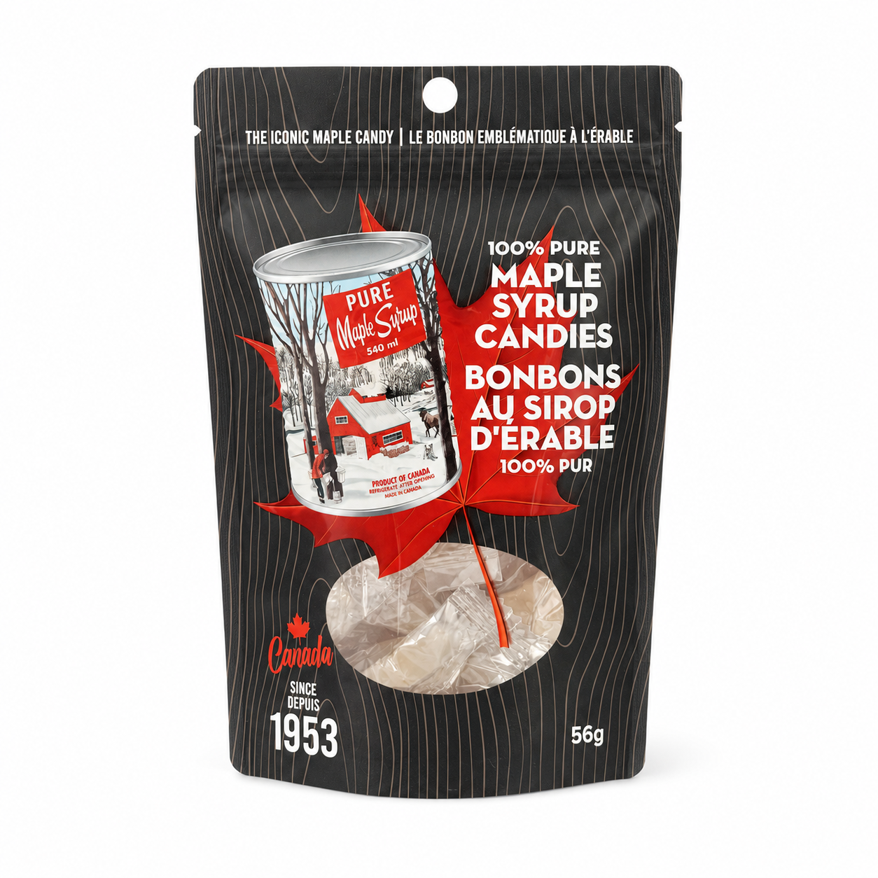 A 56g stand-up pouch of Pure Maple Syrup Candies by The Iconic Maple Candy, featuring a black wavy wood-grain design with red maple leaf graphics and white text.