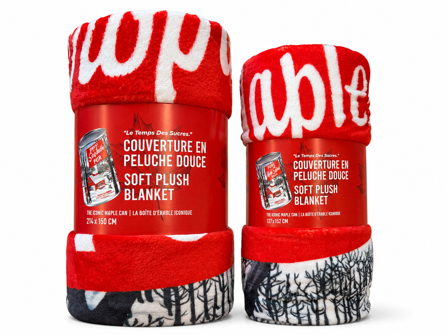Two red plush blankets with white text on a white background