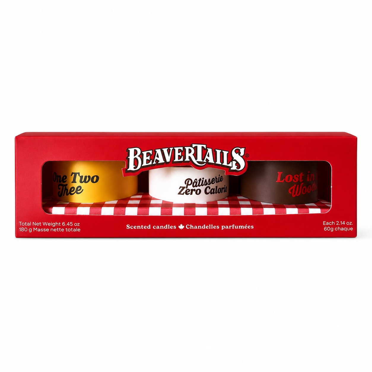 BeaverTails scented candles gift set in a red box with a clear window, showing three candles in yellow, white, and dark brown containers.