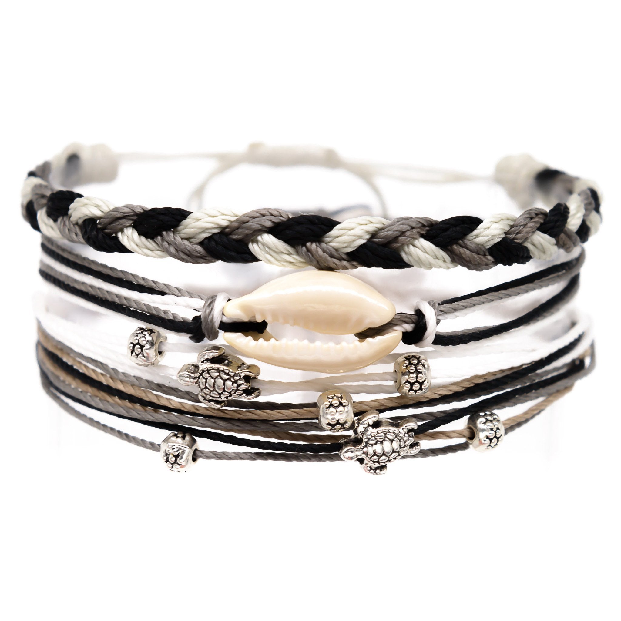 Charming Shark Cowrie Shell with Turtle Gems Stack Bracelet